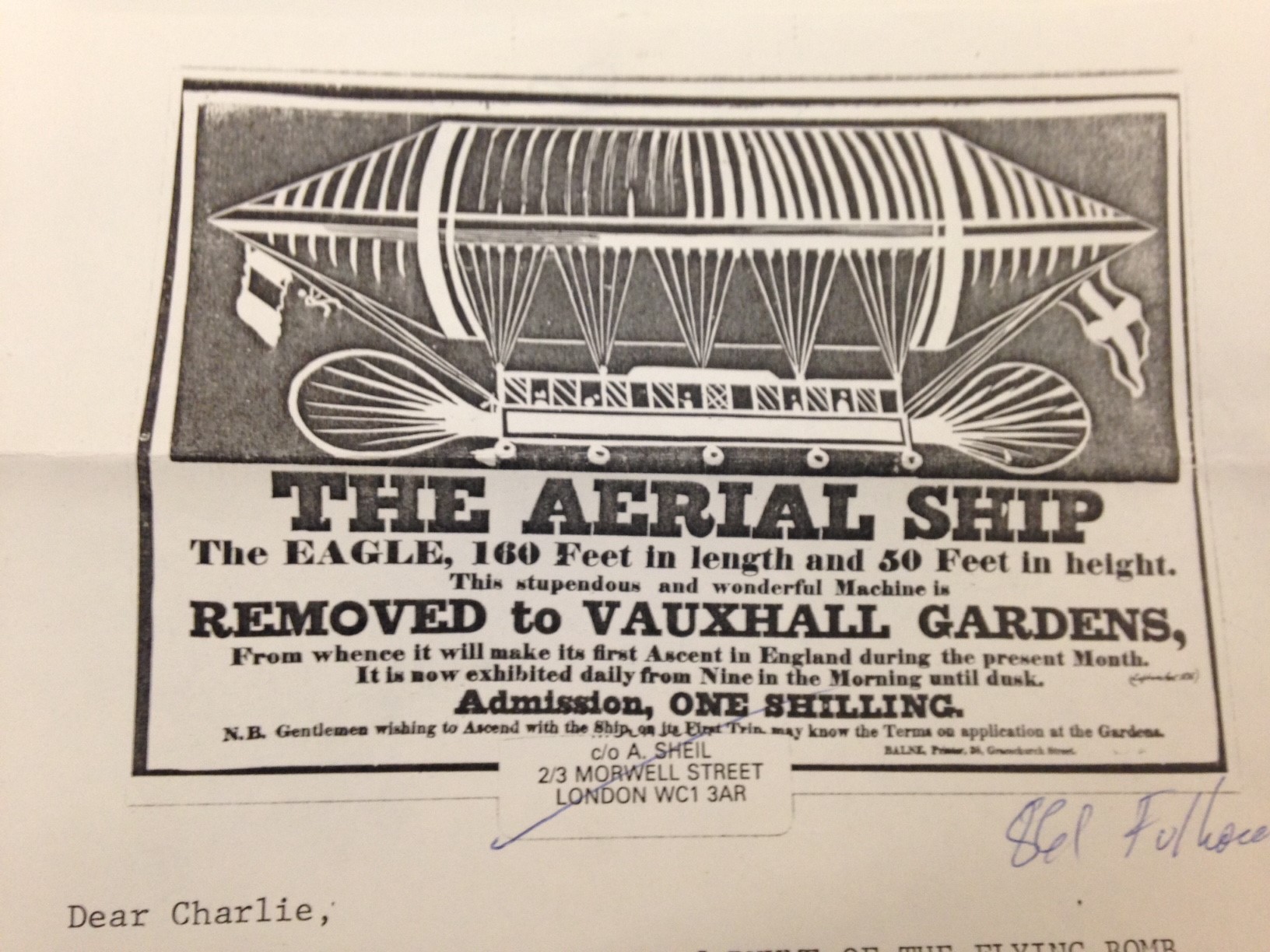 Advertisement for an aerial ship on stationary.