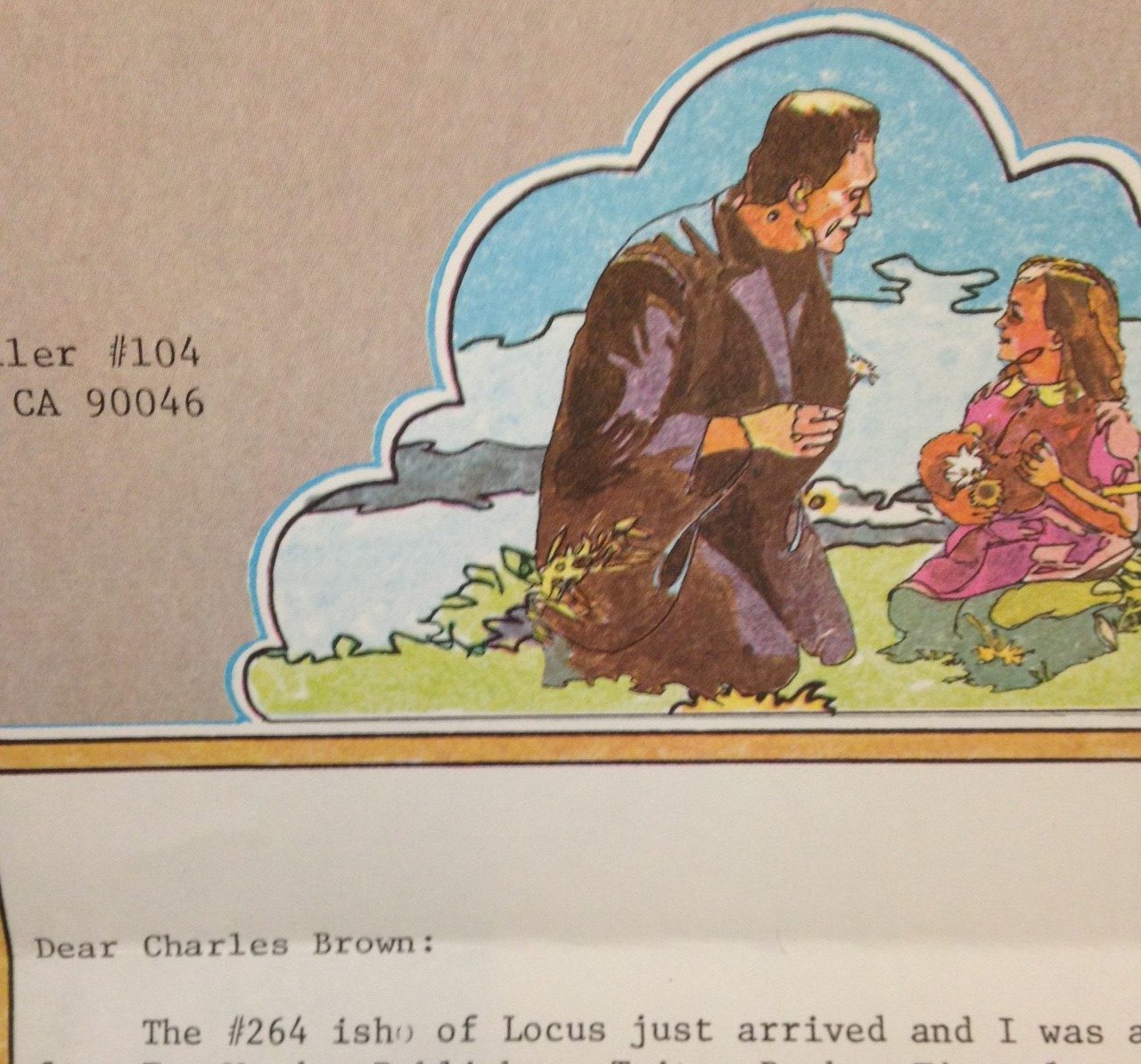 Color illustration of Frankenstein showing a flower to a little girl on stationary.