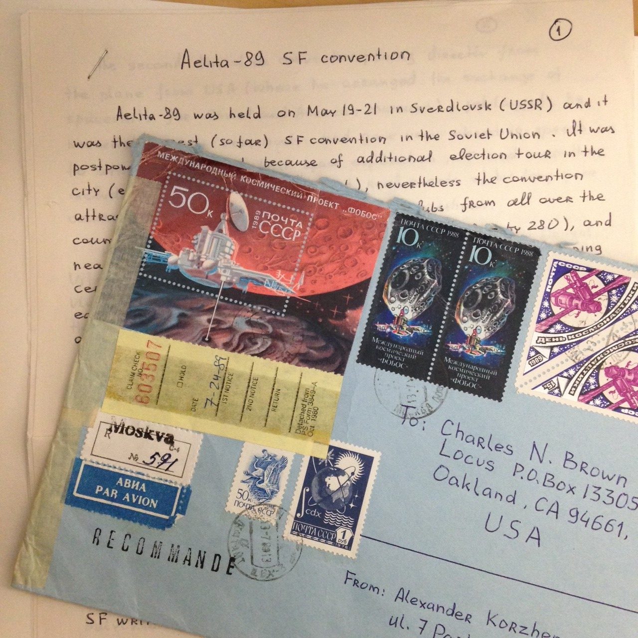 Envelope with a lot of space-themed stamps from USSR.