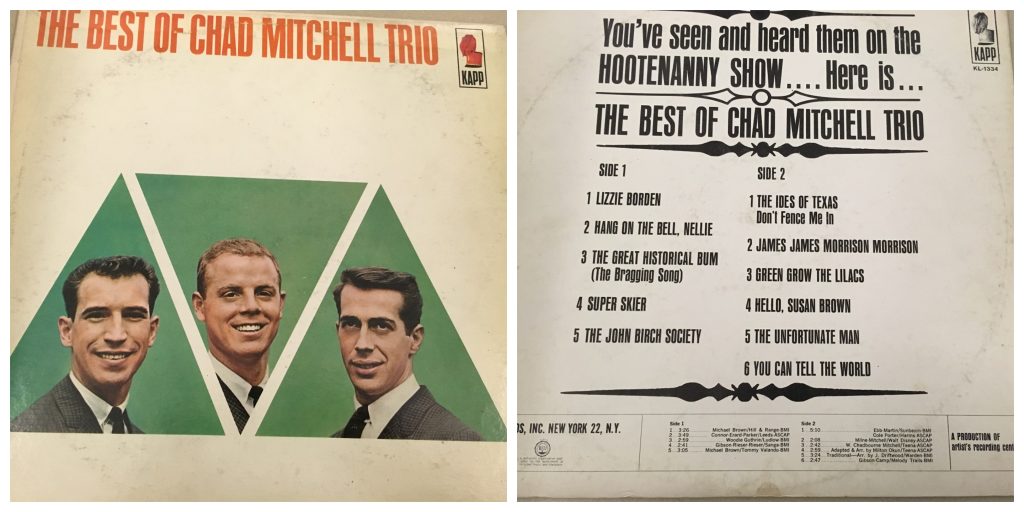 composite image showing the front of the album "The Best of chad Mitchell Trio" on the left and the reverse listing the track listing on the right. The first track on the album is "Lizzie Borden"