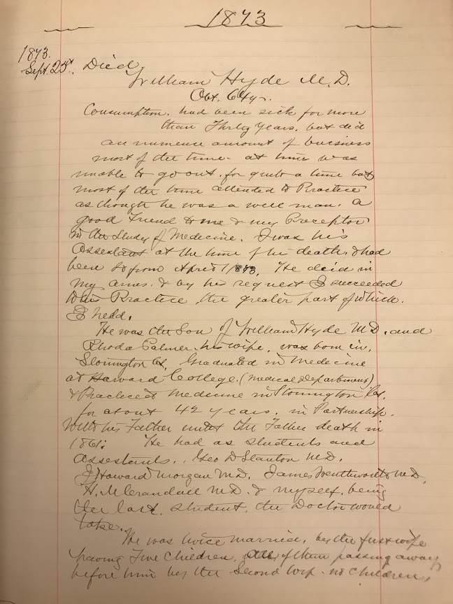 Photograph of entry for death of William Hyde. It is written and cursive and appears to take up a whole page