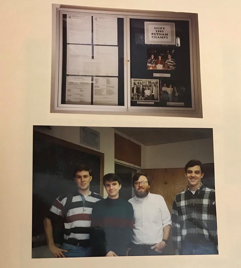 A scrapbook page with two photos relating to the 1993 Putnam competition team. The top photo shows a display in the mathematics department about the competition. The bottom photo shows the winning team of three students and a faculty member.