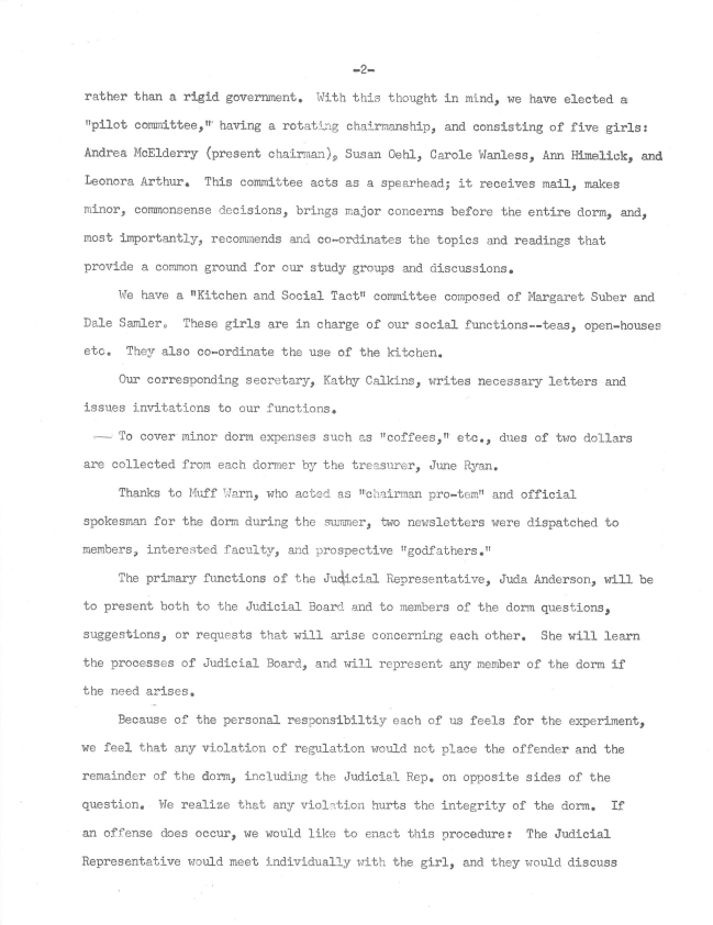 Typewritten page describing the government and organization of the Experimental Dorm.