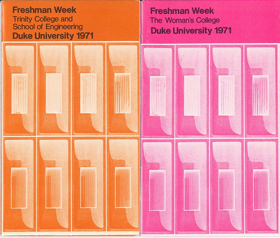 Side by side covers of the 1971 Freshman Week schedules for the Woman's College (cover design in pink) and Trinity College/the School of Engineering (cover design in orange)