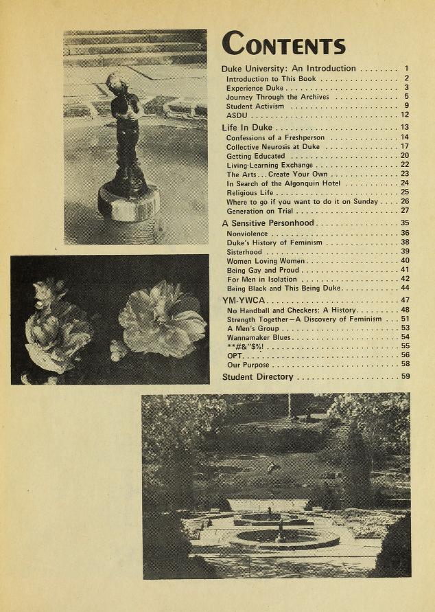 The table of contents for the 1974-1975 University Experience. In addition to a list of articles, the page includes three photos of the terraces at the Sarah P. Duke Gardens.