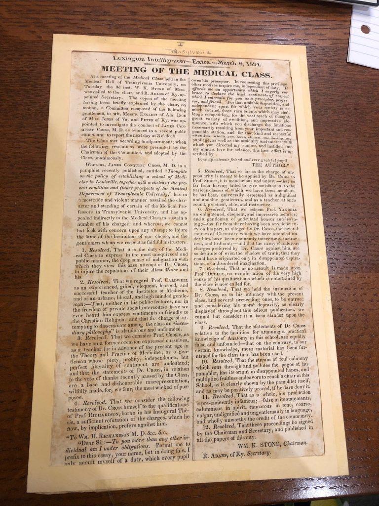 Large newspaper clipping from the March 6, 1834 edition of the Lexington Intelligencer. 
