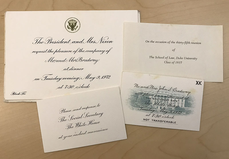 Invitations to Mr. and Mrs. Bradway to White House events, ca. 1972.