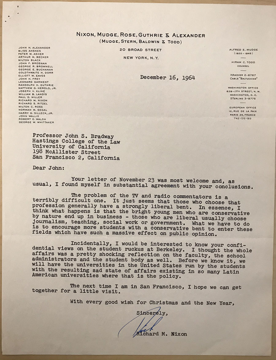 A December 16, 1964 letter from Richard Nixon to John Bradway with the letterhead of Nixon's law firm, Nixon, Mudge, Rose, Guthrie, & Alexander. Nixon writes "The problem of the TV and radio commentators is a terribly difficult one. It just seems that those who choose that profession generally have a strongly liberal bent."