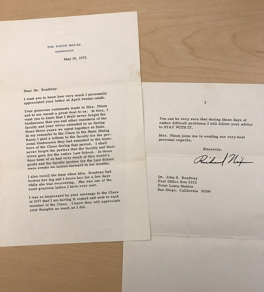 A two-page letter on White House stationery from May 10, 1972. Nixon writes "You can be sure that during these days of rather difficult problems I will follow your advice to STAY WITH IT."