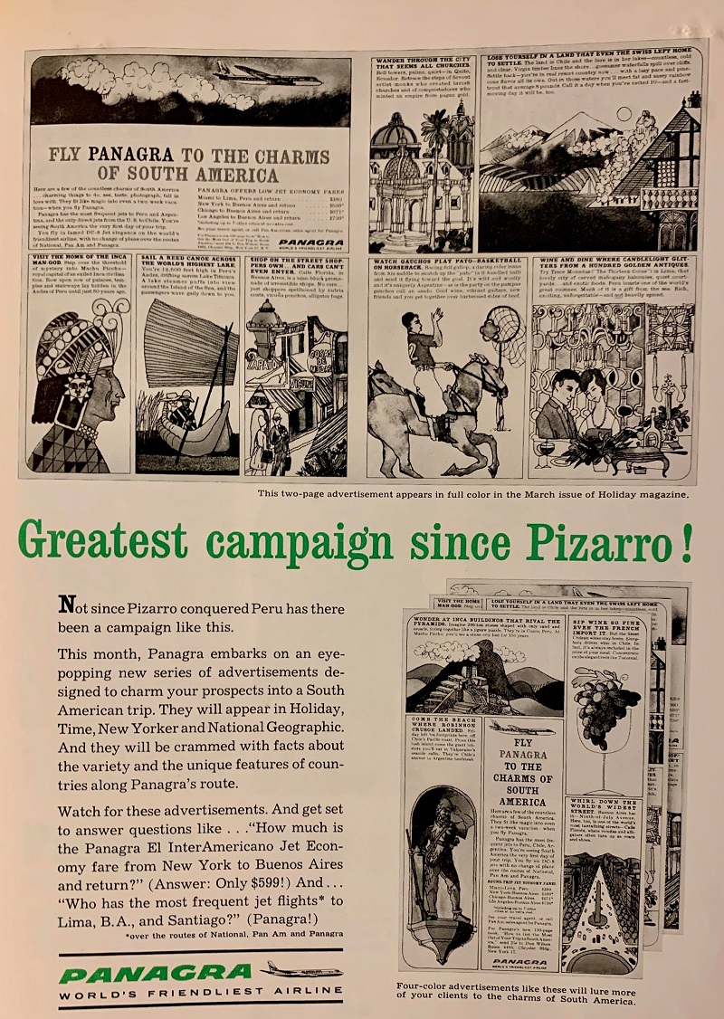 A black-and-white announcement of JWT's new advertising campaign for Panagra airline. In green text, the announcement proclaims "Greatest campaign since Pizarro!" Images of the ads that will be included in national print publications are included.