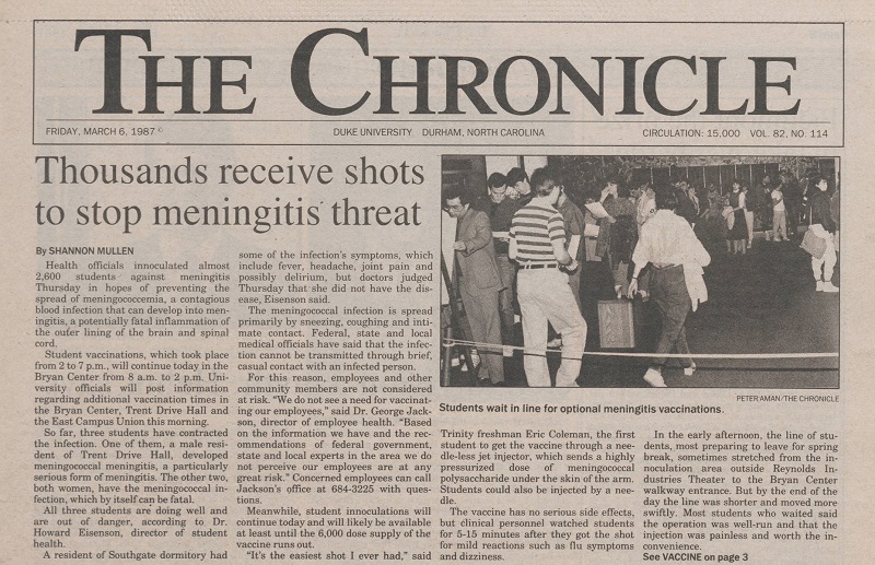 Article on the front page of the March 6, 1987 Chronicle. The headline reads "Thousands receive shots to stop meningitis threat." A black-and-white photo of students waiting in line for the vaccinations accompanies the article.