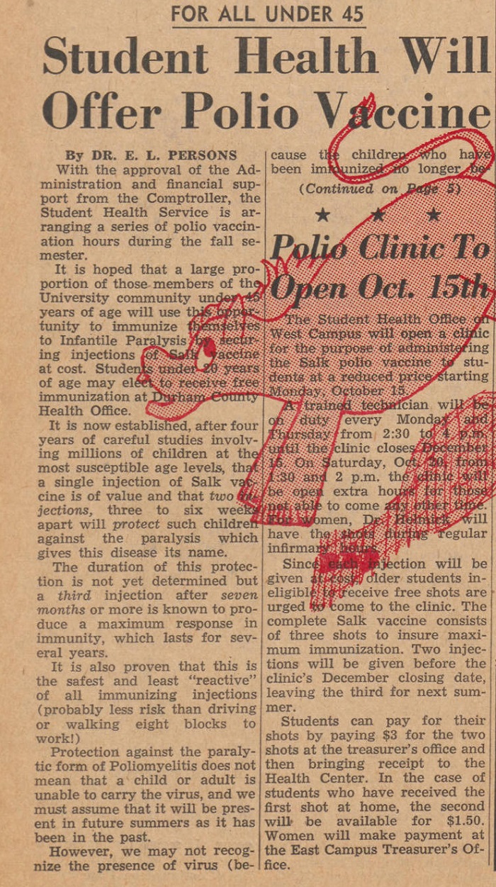 October 12, 1956 Duke Chronicle article announcing polio vaccinations on campus. The headline reads "For All Under 45: Student Health Will Offer Polio Vaccine."