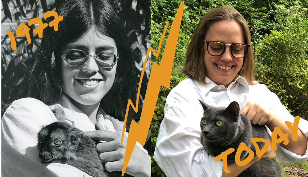 Two side-by-side photos: At left: a ca. 1977 photo of caretaker Suzanne Lassiter holding a lemur at the Duke Primate Center, ca. 1977. At right: University Archivist Val Gillispie recreates the same photo with her cat, Barbecue Sauce.