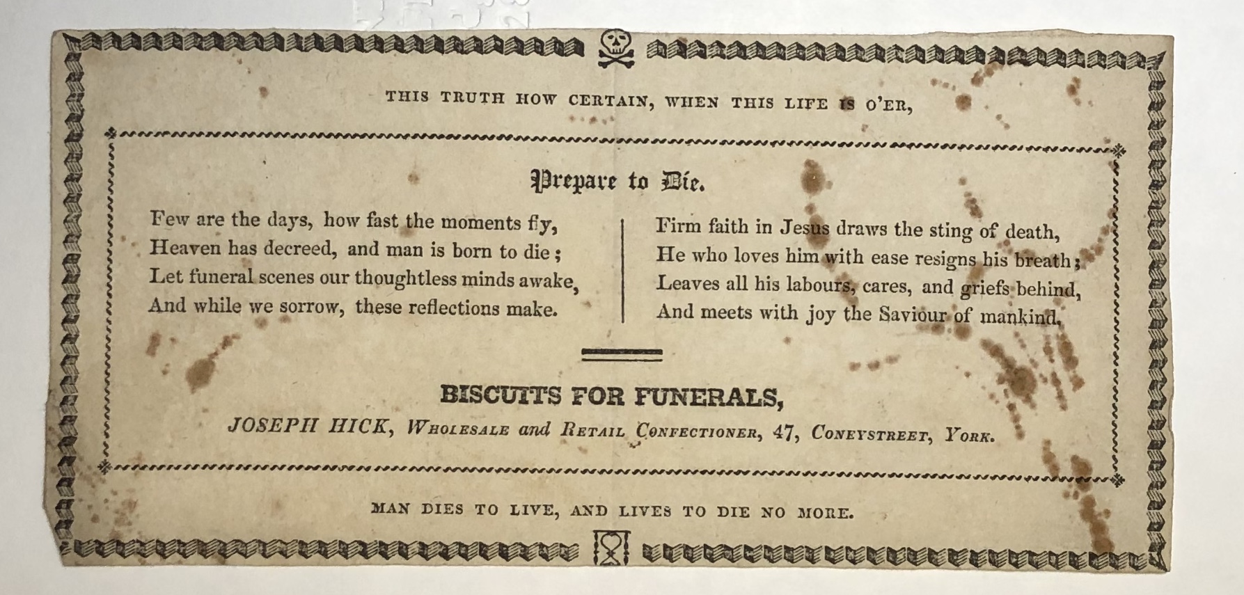 Advertisement for funeral buscuits with decorative elements and a short poem.