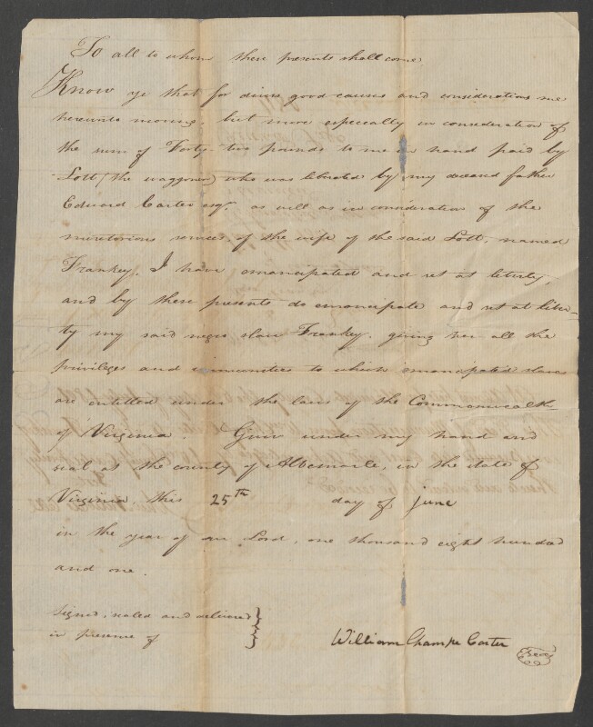 Hand-written record of emancipation