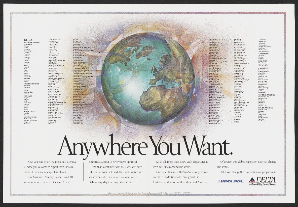 1991 Delta and Pan Am advertisement. The ad shows an illustration of Earth with "Anywhere You Want" printed in large type below. Six columns listing Delta and Pan Am's service cities flank the illustration.