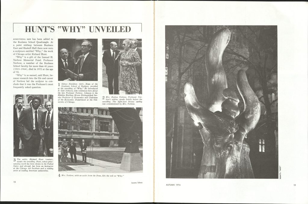 Two-page spread of a black and white magazine article about the unveiling of a sculpture. Besides text, there are five photographs, including of the sculpture, the sculptor, and people speaking at the event.