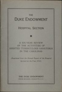 Cover of "A Six-Year Review of the Activities of Assisted Tuberculosis Sanatoria in the Carolinas" by the Duke Endowment. 
