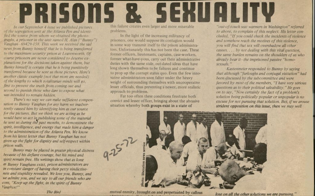 Newspaper clipping with the headline "Prisons & Sexuality"