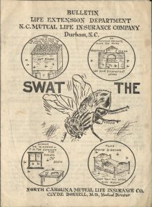 Flier with a large fly in the center and advice on how to prevent flies. 