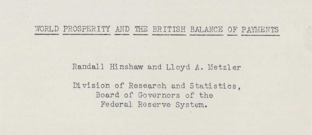 The image shows the cover page of a report from Randall Hinshaw and Lloyd Metzler on "World Prosperity and the British Balance of Payments."