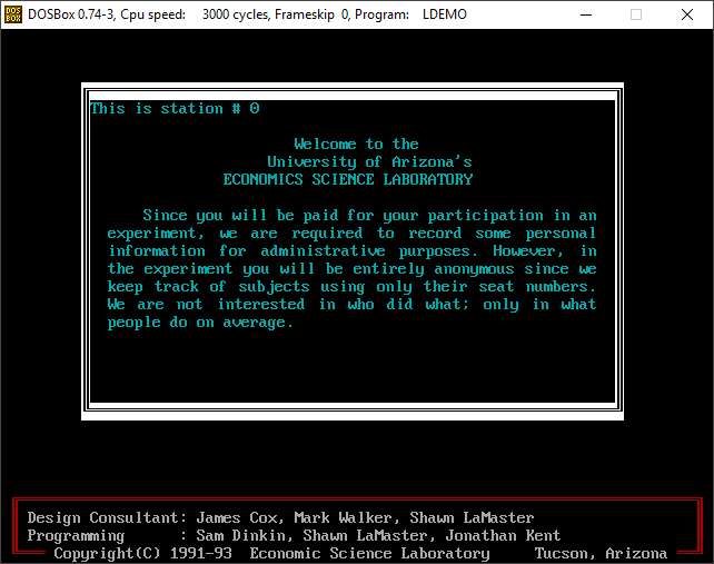 A screenshot of the landing page of a computer program in DOSBox. It lets the user know that some personal information will need to be collected first for administrative purposes, and it lists the design consultants and programmers at the bottom.