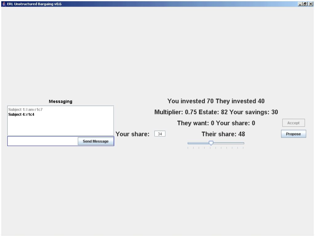 A screenshot of a computer-based experiment involving investing, estate, and savings. Players are able to message and make proposals to each other.