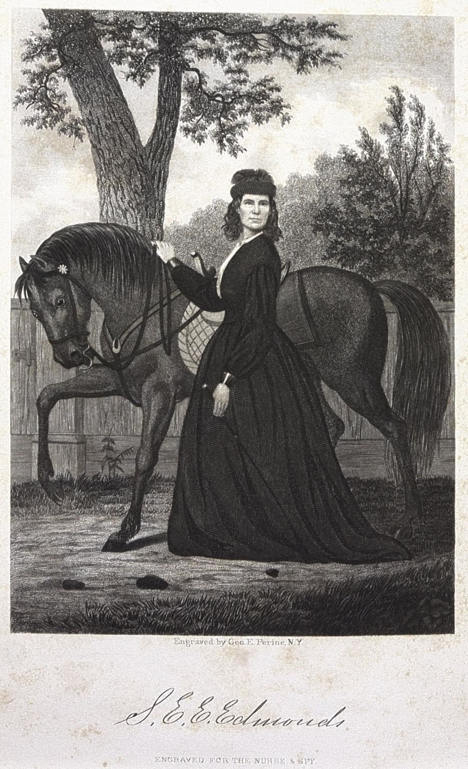 Portrait of Emma Edmonds showing a woman with should-length dark hair wearing a long black dress standing next to a dark-colored horse. 