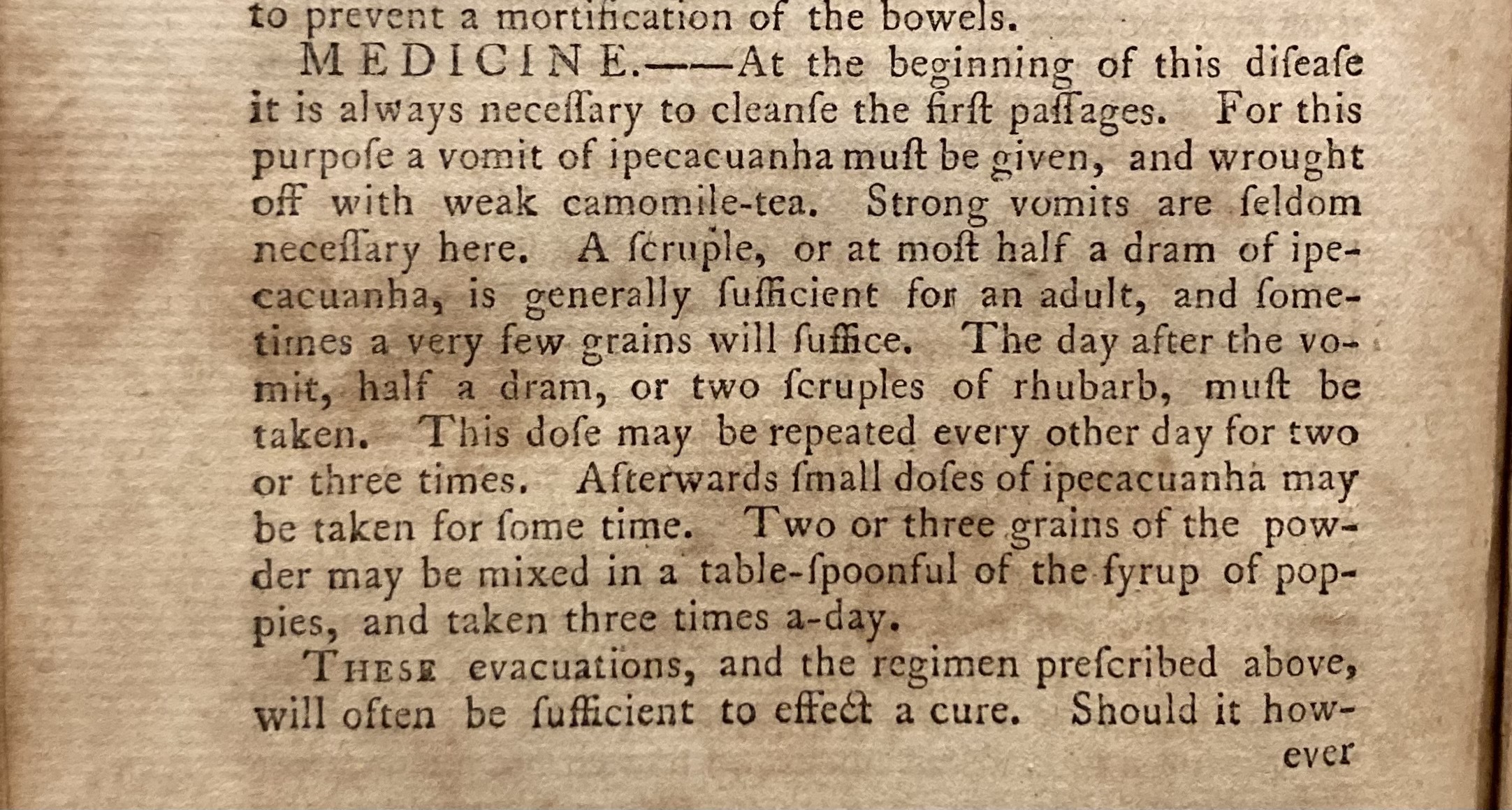 Section of text from  William Buchan’s Domestic Medicine describing the uses of ipecacuanha and rhubarb. 