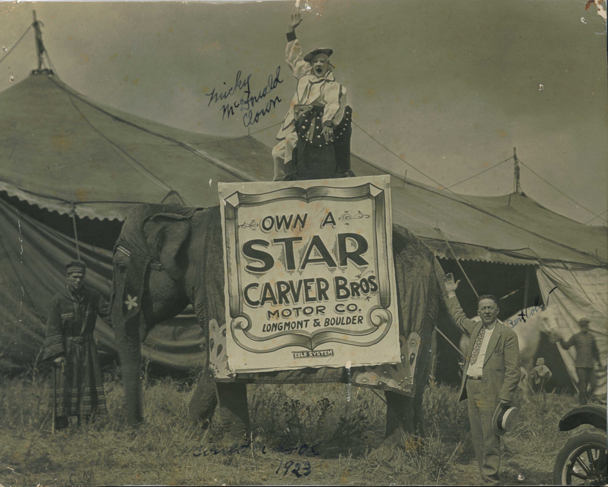 Black and white photograph of an elephant posed in front of a circus tent. A clown, in costume and makeup, sits atop the elephant and the elephant also wears a sign reading "Own a Star Carver Bros. Motor Co., Longmont & Boulder." 