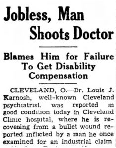 Newspaper clipping with the headline "Jobless, Man Shoots Doctor. Blames Him for the Failure to Get Disability Compensation."