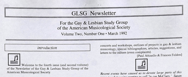 Masthead of the GLSG Newsletter. It's black type on white paper and looks like it was produced in an early desktop publishing application. There is music note clip art. 