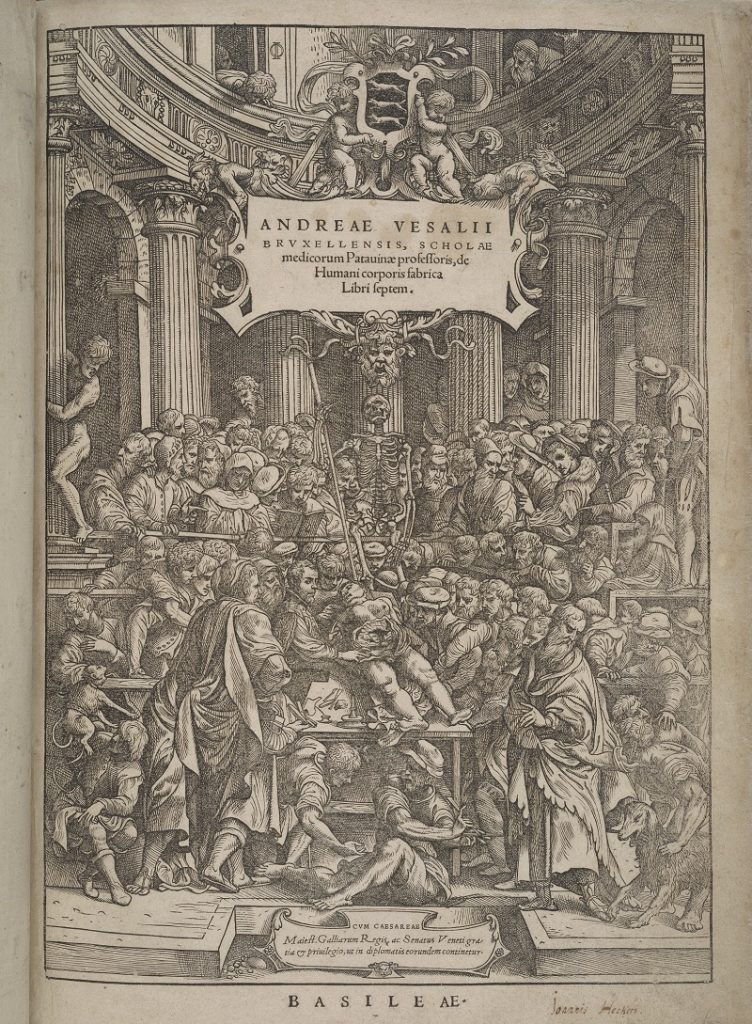 Black and white woodcut title page illustration. It features a Renaissance-era anatomical theater. In the center is a corpse being dissected. There is a large crowd of people gathered around to watch.