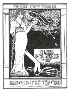 Art nouveau illustration in black and white with a woman on the left under a tree, holding a bowl with vapor rising from it. She is leaning on a staff with one snake wrapped around. There is text that reads "Ex Libris Dr. Emil Simonson" as well Hebrew text in the top and bottom border. 