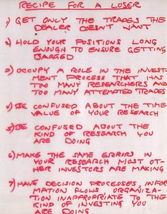 A handwritten list titled "Recipe for a Loser," it is a copy of a transparency written in red marker. The handwriting is legible but slightly uneven, with some words emphasized by being written in all capital letters.