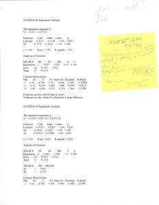 This is a page that contains two sections of printed text titled "Australia Regression Analysis," each followed by statistical data and a handwritten yellow sticky note with some text. This note was written by Wendy Treynor as a reminder for her to print for her father any data or analysis possibly related to the printed sections.