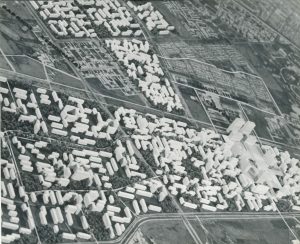 Overhead view of an urban scale model.