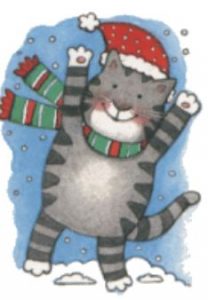 Drawing of a gray cartoon cat wearing a Santa hat and green-and-red scarf
