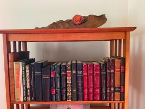 Photo of a wooden bookshelf with leatherbound books