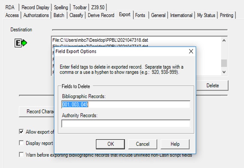 Removal of fields in export in Connexion