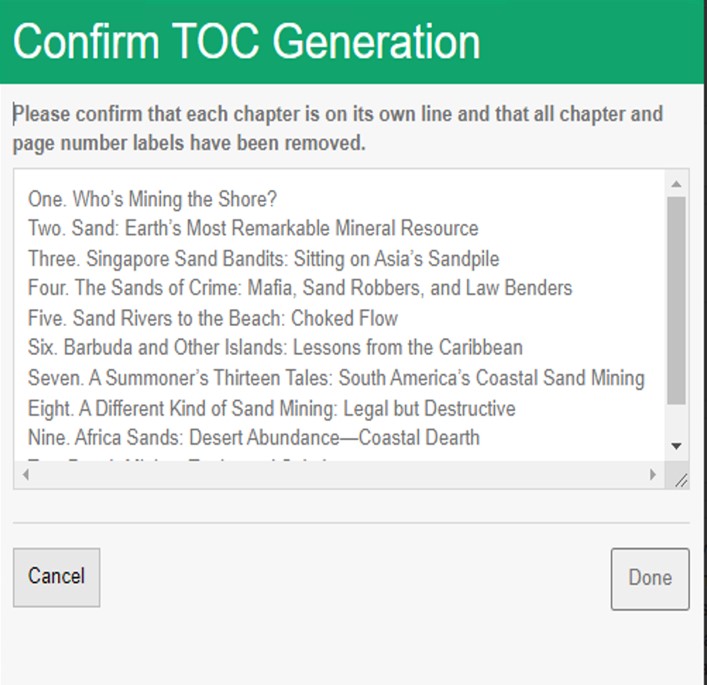 TOC generation confirmation screen