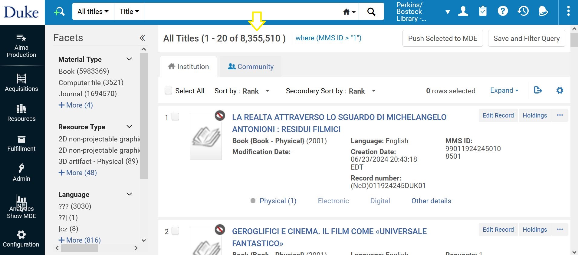 Screenshot of the Alma ILS with an arrow pointing to the total number of bibliographic records.