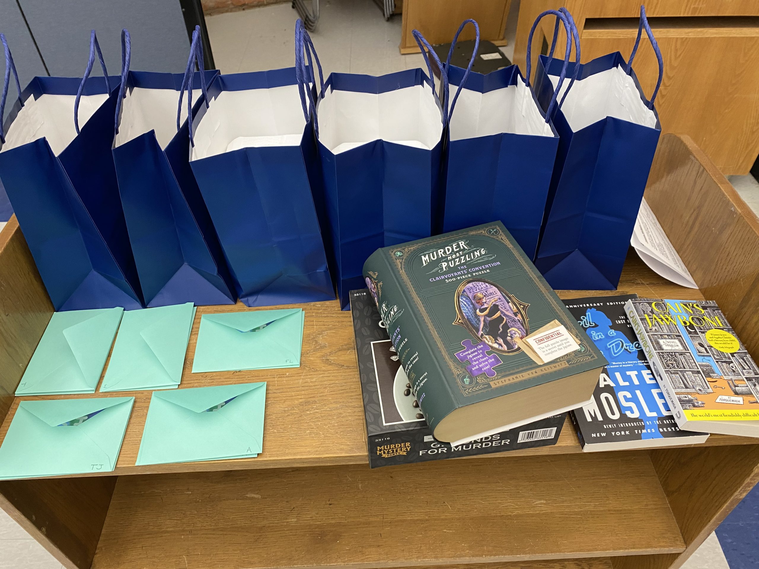 Blue gift bags with prizes for winners