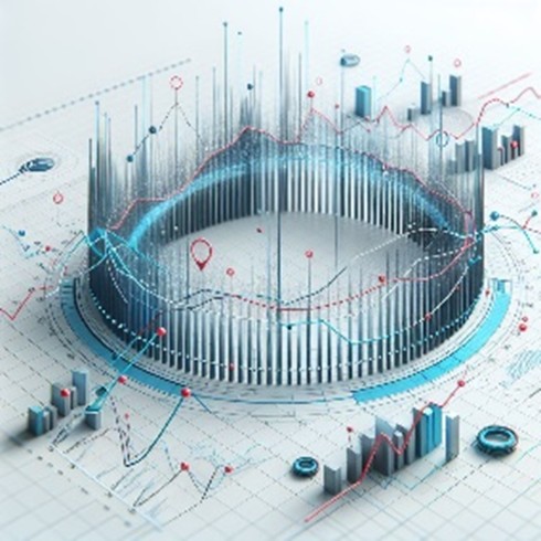 A generative AI picture with a circle of graph bars and other representations of data.