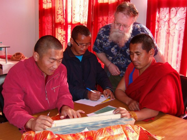 Duke librarian Edward Proctor, second from right, worked with monks at the monastery in 2009 to determine the feasibility of digitizing the Bön manuscripts.