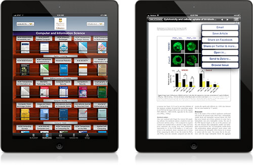 Screenshots showing the bookshelf and article view on BrowZine, a new tool the Libraries are currently trialing.