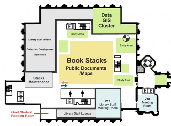 Map of Perkins Library, Second Floor, showing the location of the graduate student reading room.