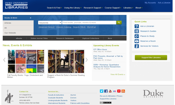 Click on the screenshot to see the new Duke University Libraries website (Duke on-campus access only).