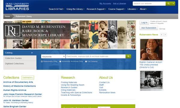 Screenshot of the new Rubenstein Library homepage. (Duke access only)