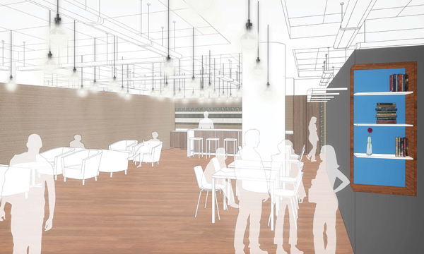 Architectural rendering of a planned social lounge space in the Research Commons on the first floor of Bostock Library.